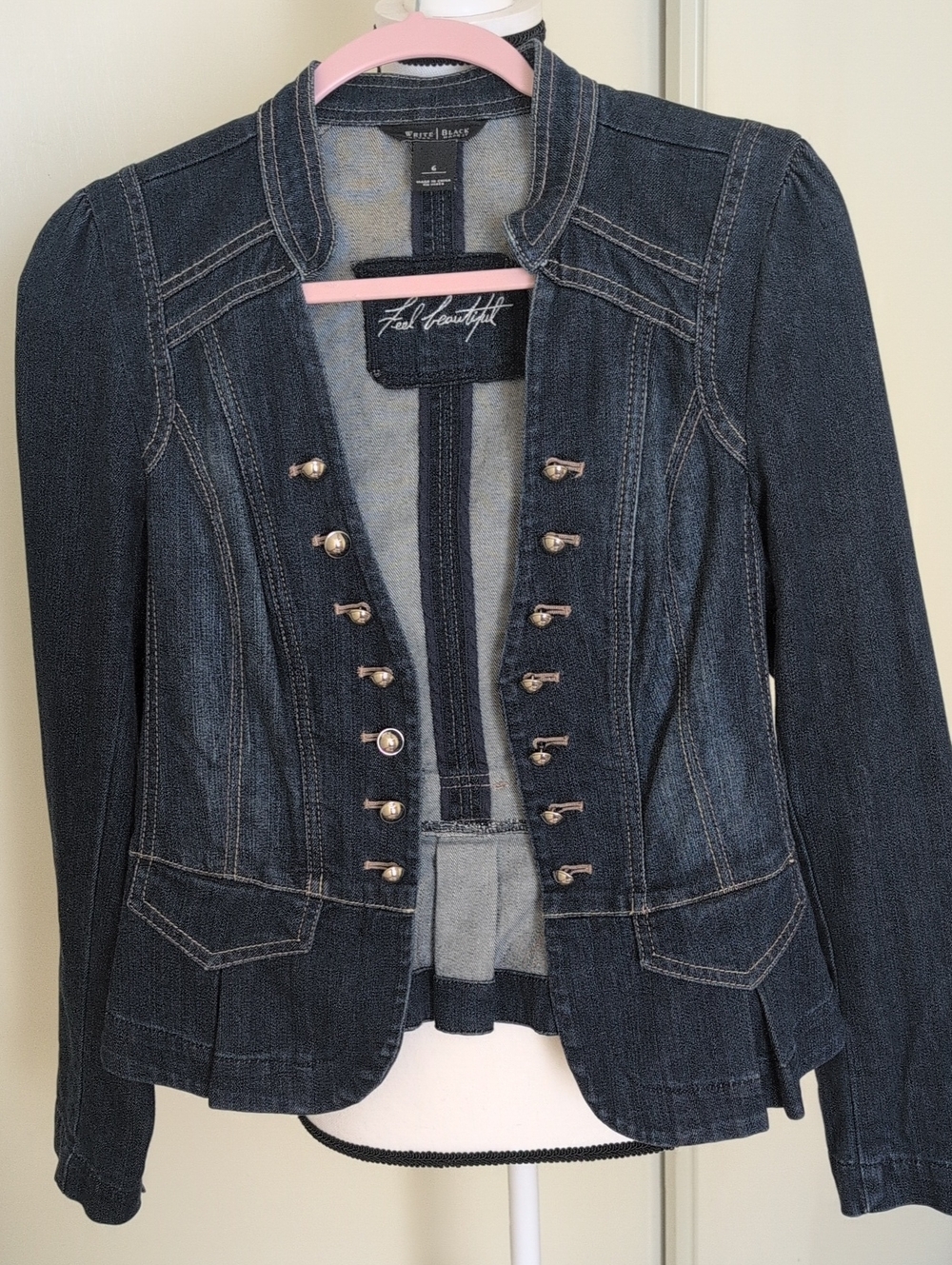 Free People Dark Denim Military-Style Jean Jacket